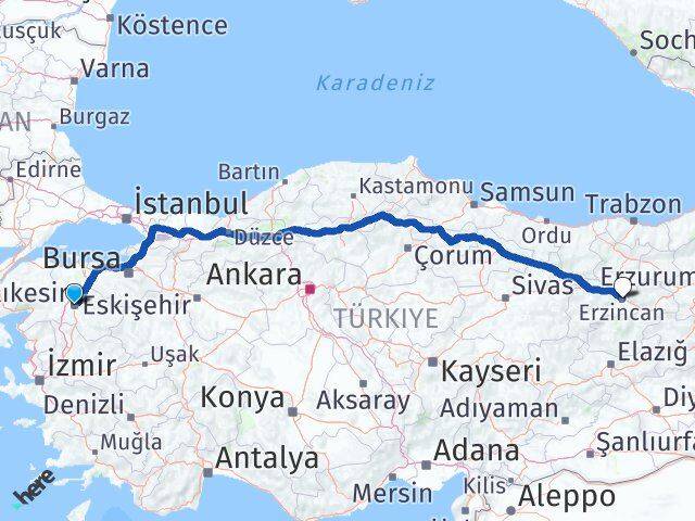 Balıkesir Karesi Erzincan Arası Kaç Km - Yol Haritası