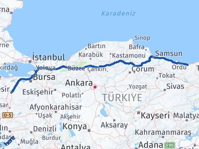 Balıkesir Karesi Giresun Arası Kaç Km - Yol Haritası