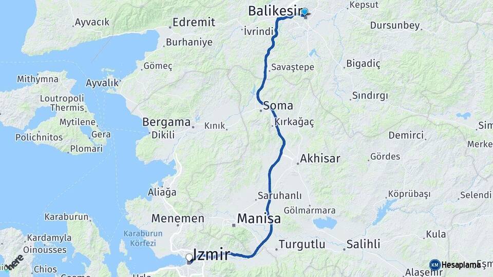 Balıkesir Karesi İzmir Arası Kaç Km - Yol Haritası