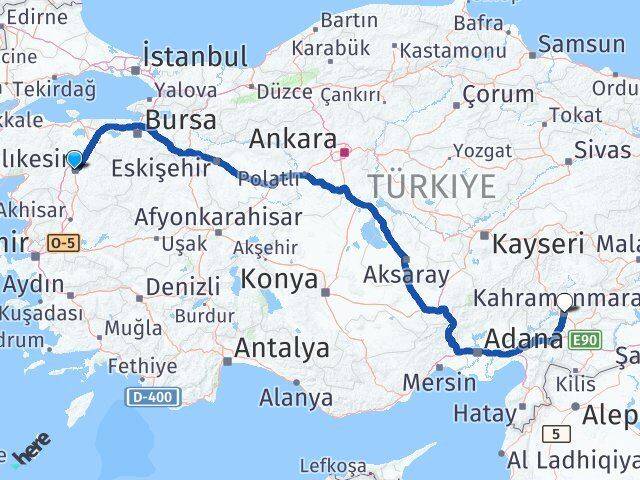 Balıkesir Karesi Kahramanmaraş Arası Kaç Km - Yol Haritası