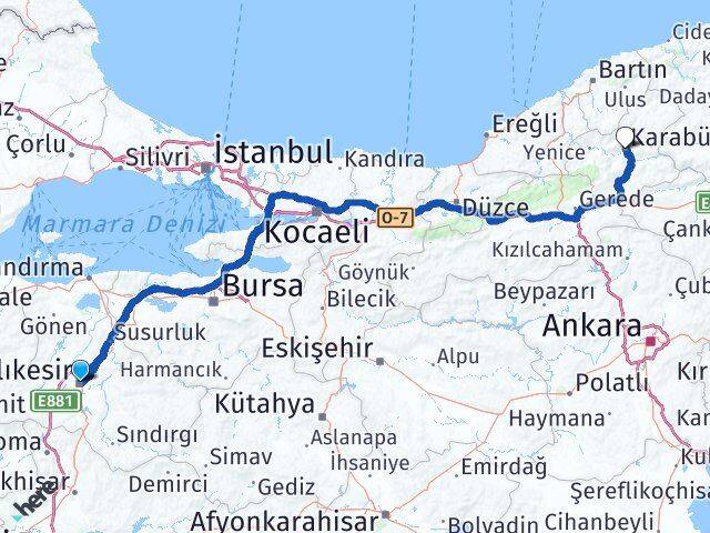 Balıkesir Karesi Karabük Arası Kaç Km - Yol Haritası