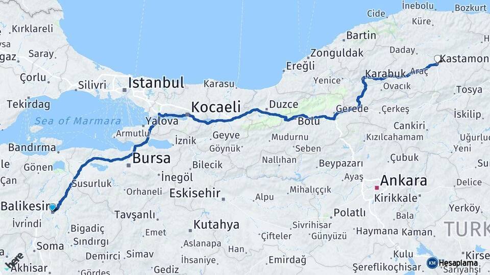Balıkesir Karesi Kastamonu Arası Kaç Km - Yol Haritası