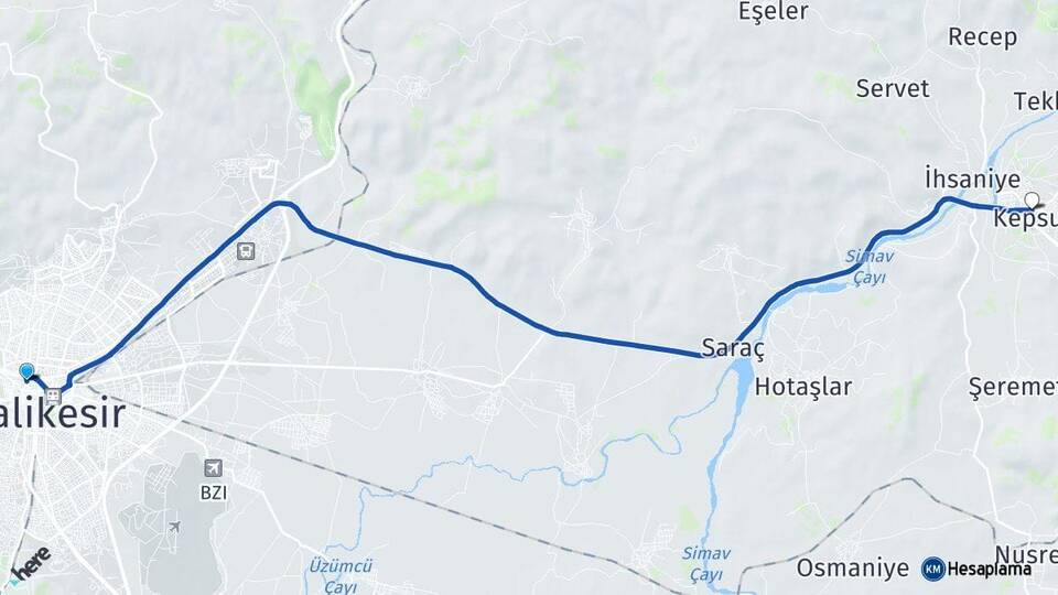 Balıkesir Karesi Kepsut Arası Kaç Km - Yol Haritası