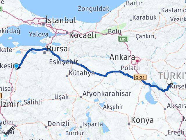 Balıkesir Karesi Kırşehir Arası Kaç Km - Yol Haritası