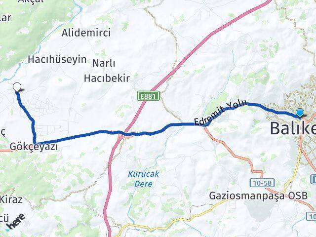 Balıkesir Karesi Kocaavşar Karesi Arası Kaç Km - Yol Haritası