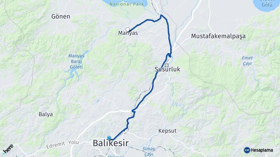 Balıkesir Karesi Manyas Arası Kaç Km - Yol Haritası