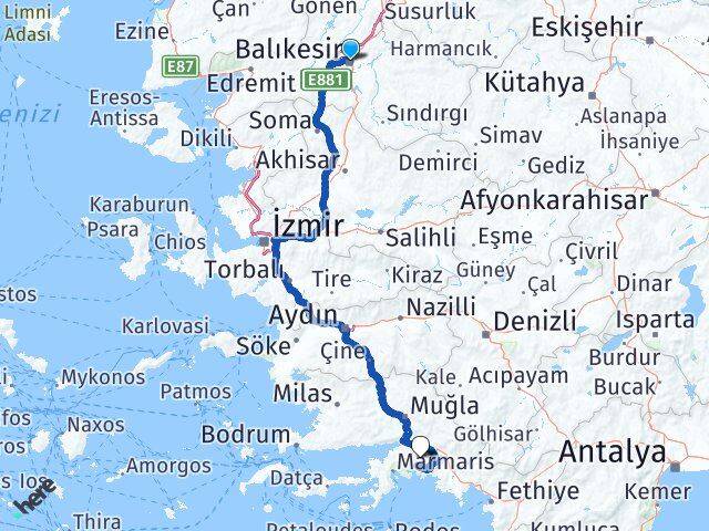 Balıkesir Karesi Muğla Arası Kaç Km - Yol Haritası