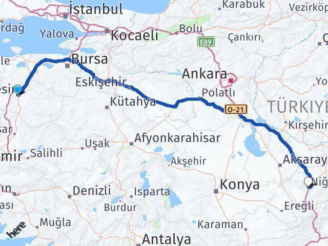 Balıkesir Karesi Niğde Arası Kaç Km - Yol Haritası