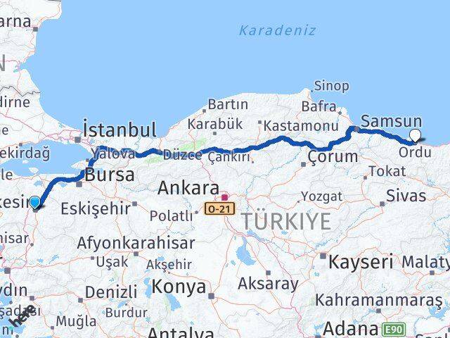 Balıkesir Karesi Ordu Arası Kaç Km - Yol Haritası