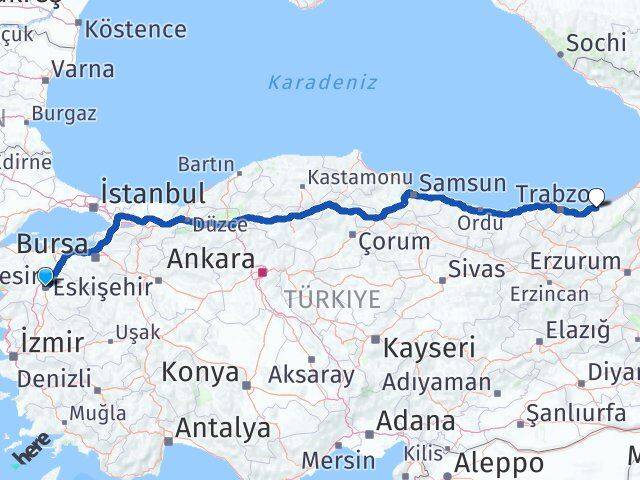 Balıkesir Karesi Rize Arası Kaç Km - Yol Haritası