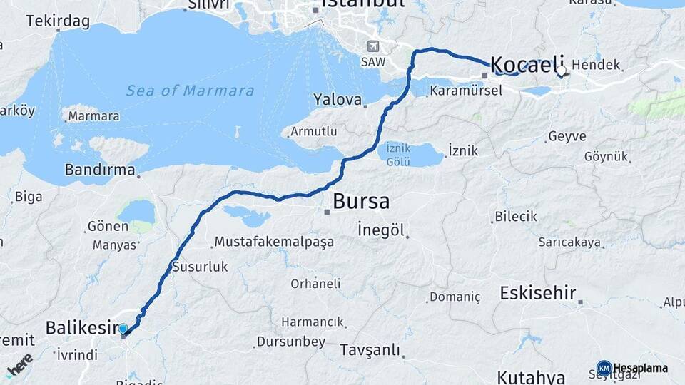 Balıkesir Karesi Sakarya Arası Kaç Km - Yol Haritası