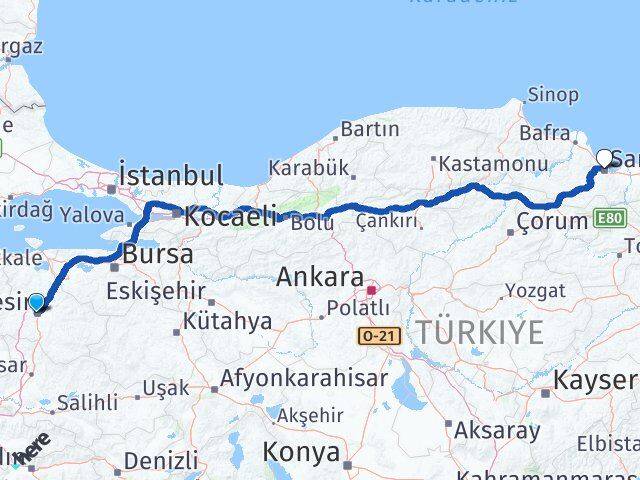 Balıkesir Karesi Samsun Arası Kaç Km - Yol Haritası