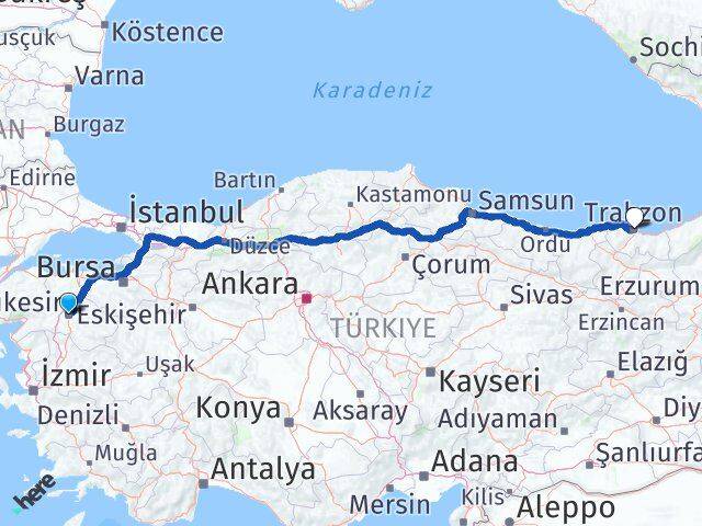 Balıkesir Karesi Trabzon Arası Kaç Km - Yol Haritası