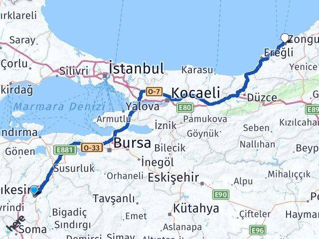 Balıkesir Karesi Zonguldak Arası Kaç Km - Yol Haritası