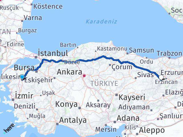 Balıkesir Kemah Erzincan Arası Kaç Km - Yol Haritası
