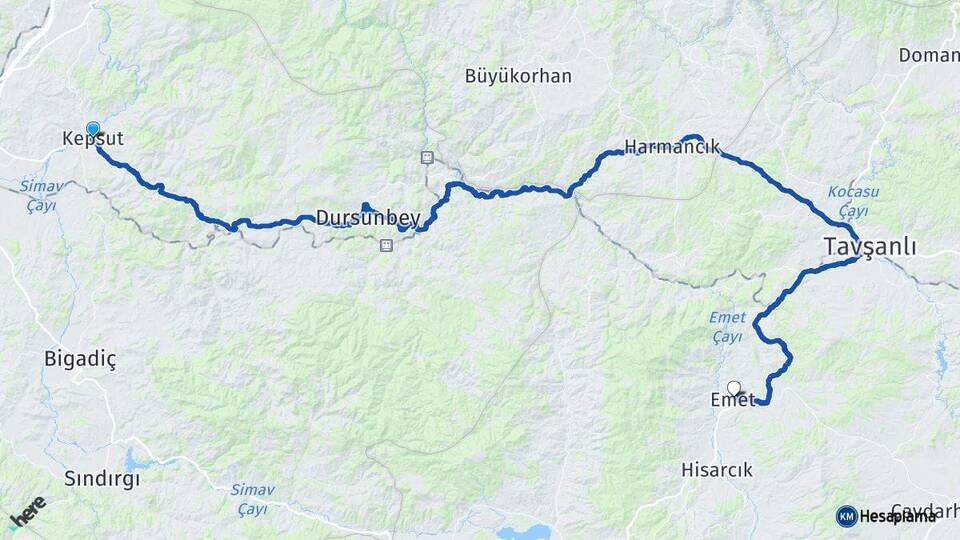 Balıkesir Kepsut Emet Kütahya Arası Kaç Km - Yol Haritası