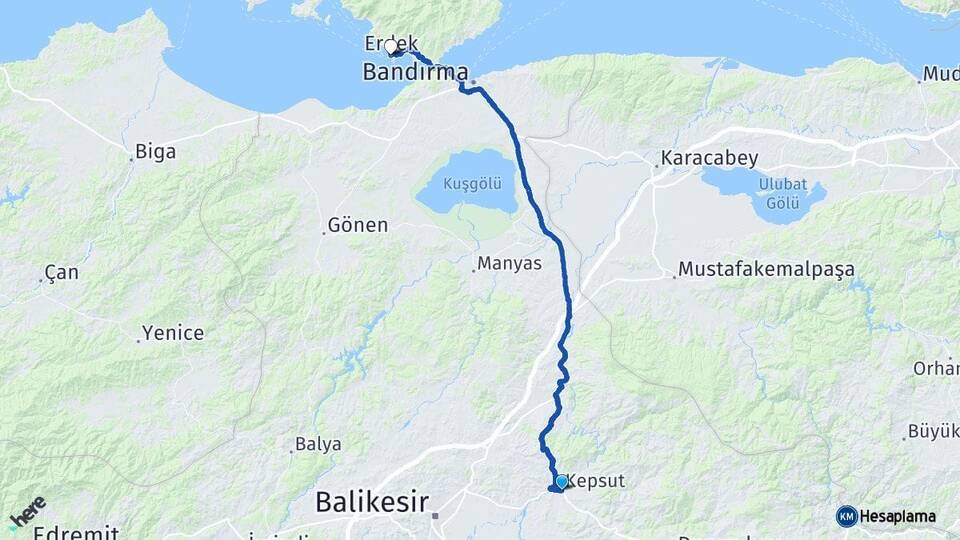 Balıkesir Kepsut Erdek Arası Kaç Km - Yol Haritası