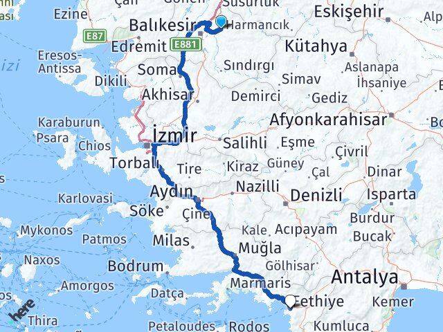 Balıkesir Kepsut Fethiye Muğla Arası Kaç Km - Yol Haritası