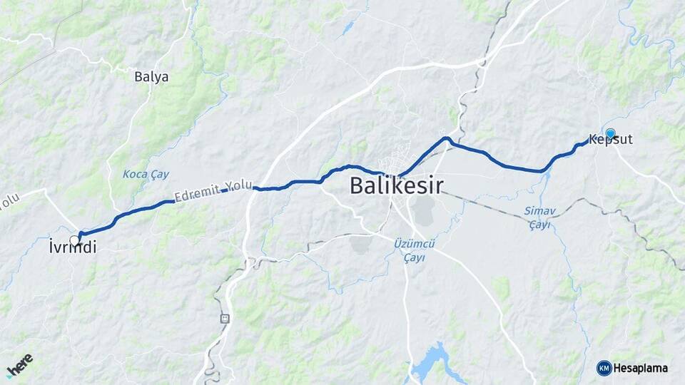 Balıkesir Kepsut İvrindi Arası Kaç Km - Yol Haritası