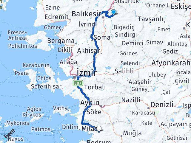 Balıkesir Kepsut Milas Muğla Arası Kaç Km - Yol Haritası