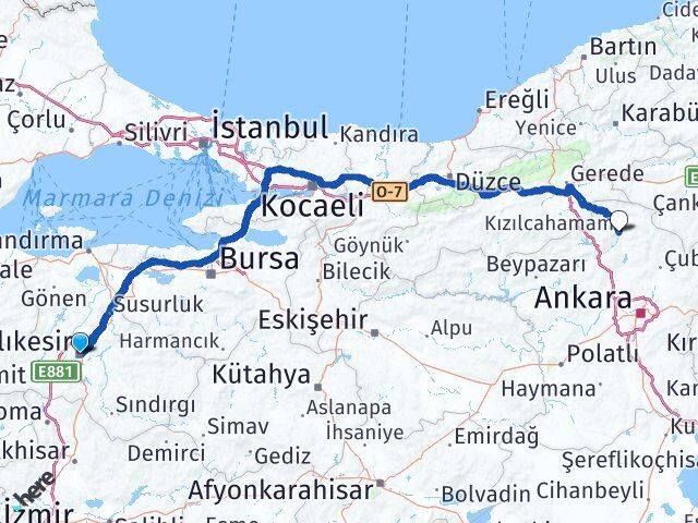 Balıkesir Kızılcahamam Ankara Arası Kaç Km - Yol Haritası