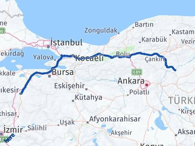 Balıkesir Kızılırmak Çankırı Arası Kaç Km - Yol Haritası