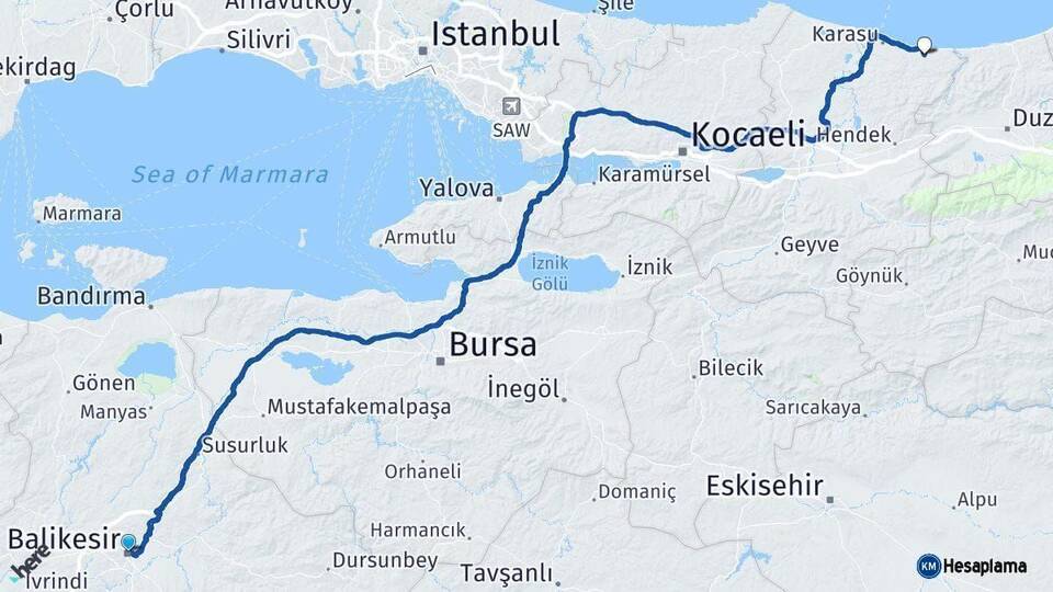 Balıkesir Kocaali Sakarya Arası Kaç Km - Yol Haritası