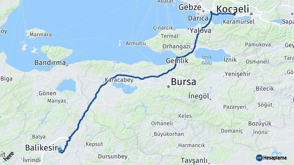 Balıkesir Körfez Kocaeli Arası Kaç Km - Yol Haritası