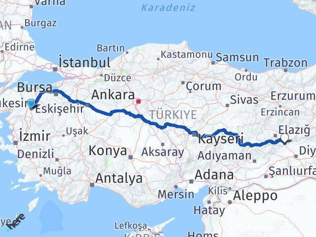 Balıkesir Maden Elazığ Arası Kaç Km - Yol Haritası