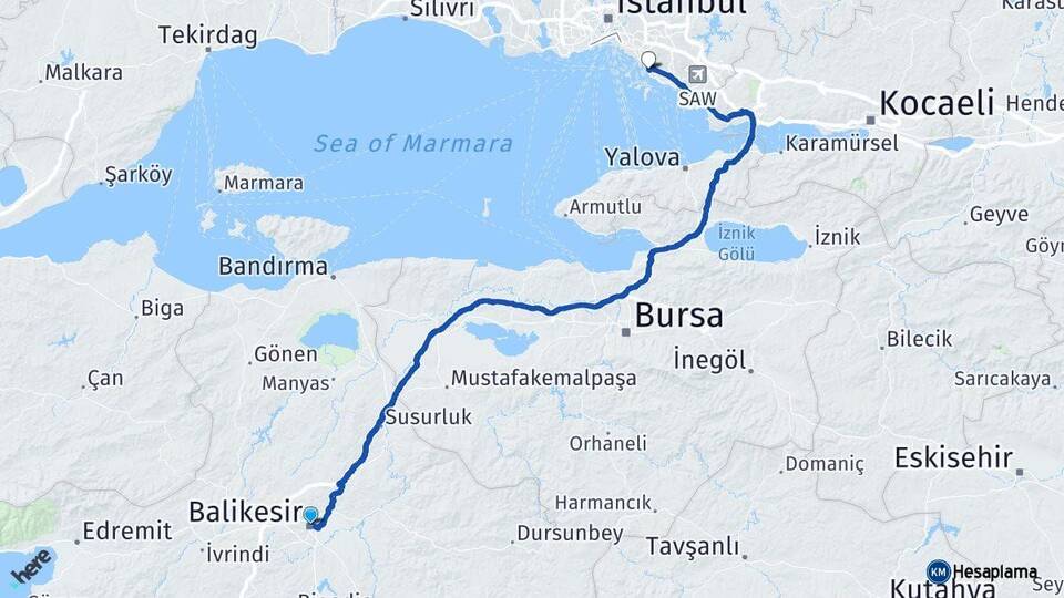 Balıkesir Maltepe İstanbul Arası Kaç Km - Yol Haritası