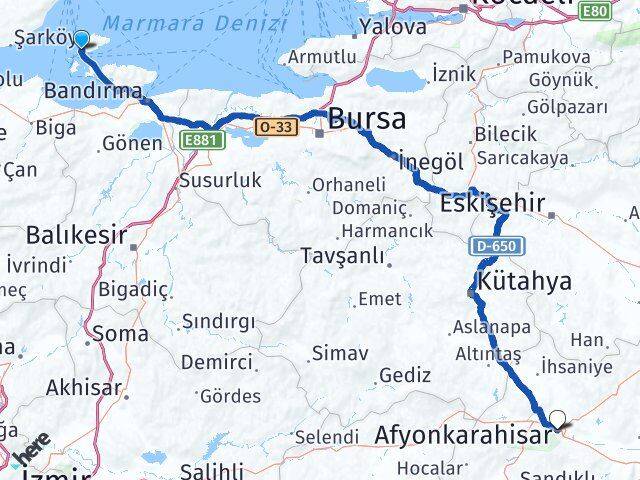 Balıkesir Marmara Afyonkarahisar Arası Kaç Km - Yol Haritası