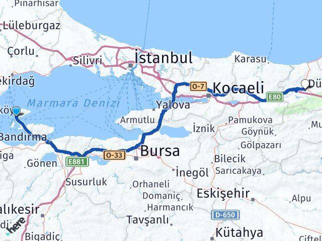Balıkesir Marmara Düzce Arası Kaç Km - Yol Haritası