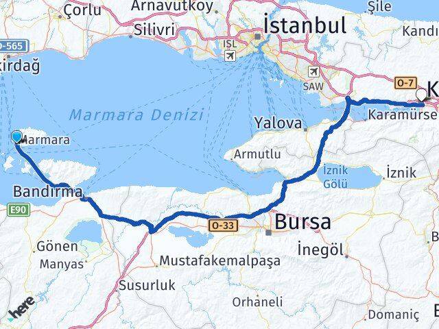Balıkesir Marmara Kocaeli Arası Kaç Km - Yol Haritası