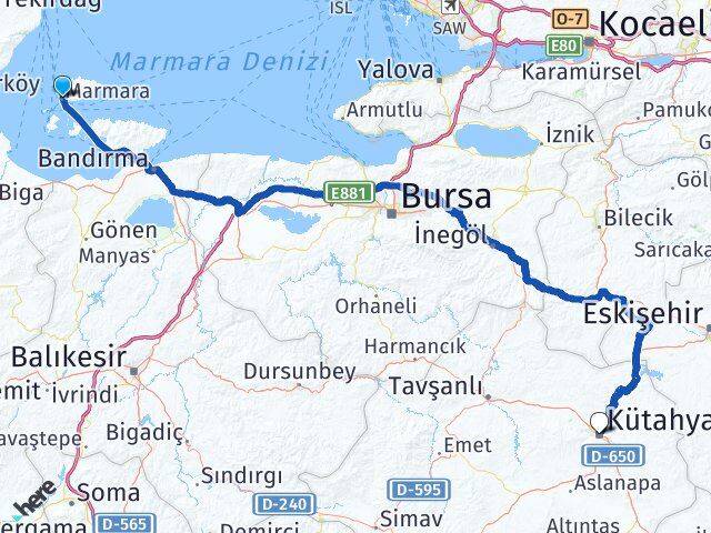 Balıkesir Marmara Kütahya Arası Kaç Km - Yol Haritası