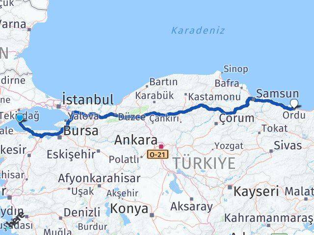 Balıkesir Marmara Ordu Arası Kaç Km - Yol Haritası