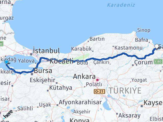 Balıkesir Marmara Samsun Arası Kaç Km - Yol Haritası