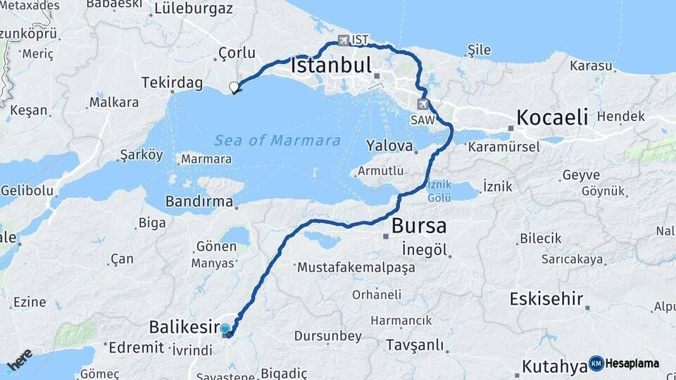 Balıkesir Marmaraereğlisi Tekirdağ Arası Kaç Km - Yol Haritası