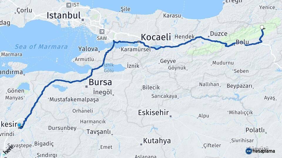 Balıkesir Mengen Bolu Arası Kaç Km - Yol Haritası