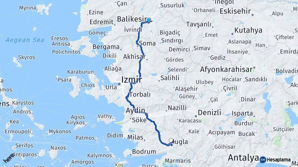 Balıkesir Menteşe Muğla Arası Kaç Km - Yol Haritası