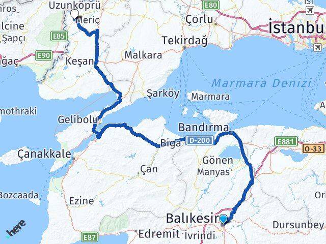 Balıkesir Meriç Edirne Arası Kaç Km - Yol Haritası
