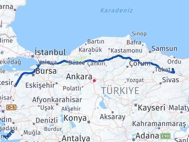 Balıkesir Mesudiye Ordu Arası Kaç Km - Yol Haritası