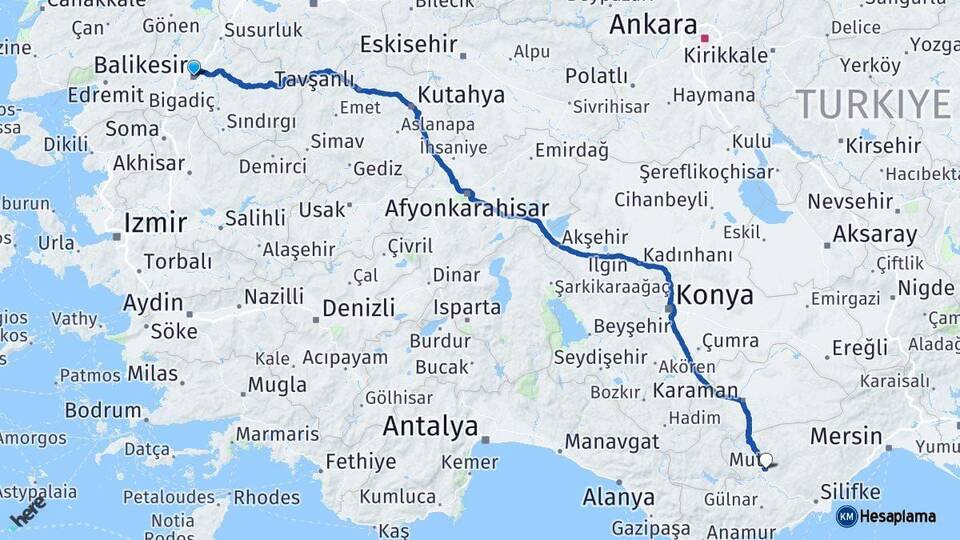 Balıkesir Mut Mersin Arası Kaç Km - Yol Haritası