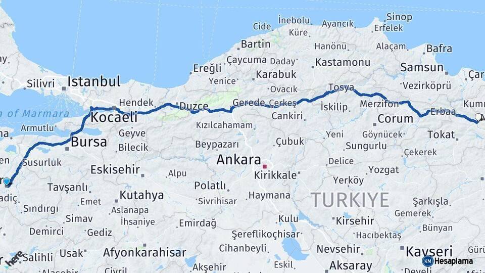 Balıkesir Niksar Tokat Arası Kaç Km - Yol Haritası