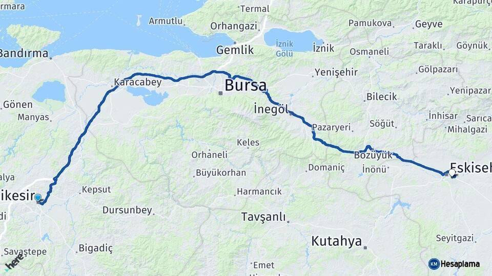 Balıkesir Odunpazarı Eskişehir Arası Kaç Km - Yol Haritası