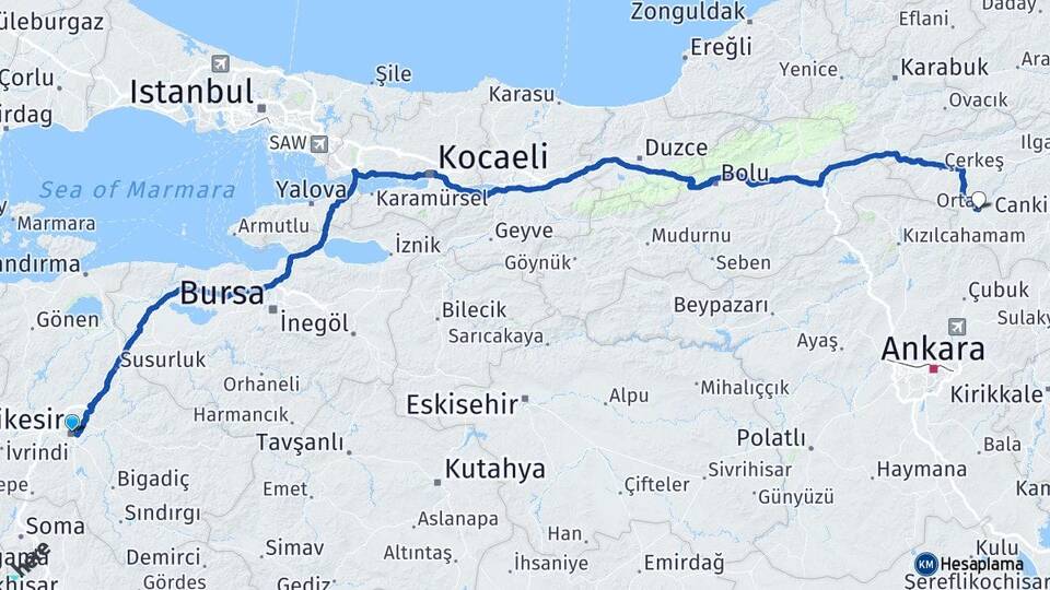Balıkesir Orta Çankırı Arası Kaç Km - Yol Haritası