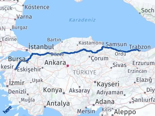 Balıkesir Ortahisar Trabzon Arası Kaç Km - Yol Haritası