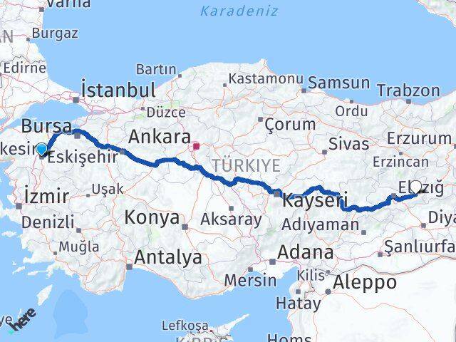 Balıkesir Palu Elazığ Arası Kaç Km - Yol Haritası