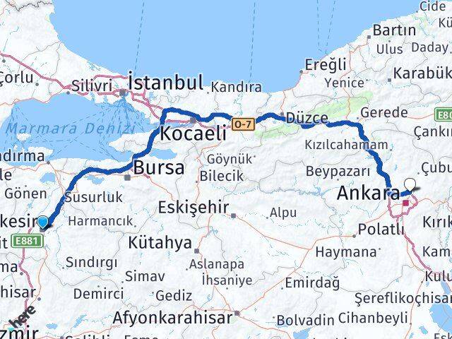 Balıkesir Pursaklar Ankara Arası Kaç Km - Yol Haritası