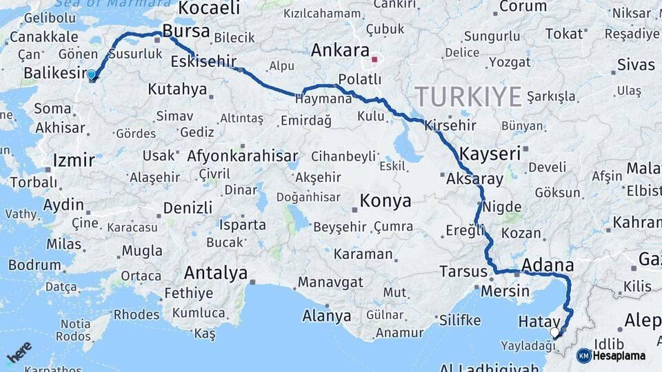 Balıkesir Samandağ Hatay Arası Kaç Km - Yol Haritası