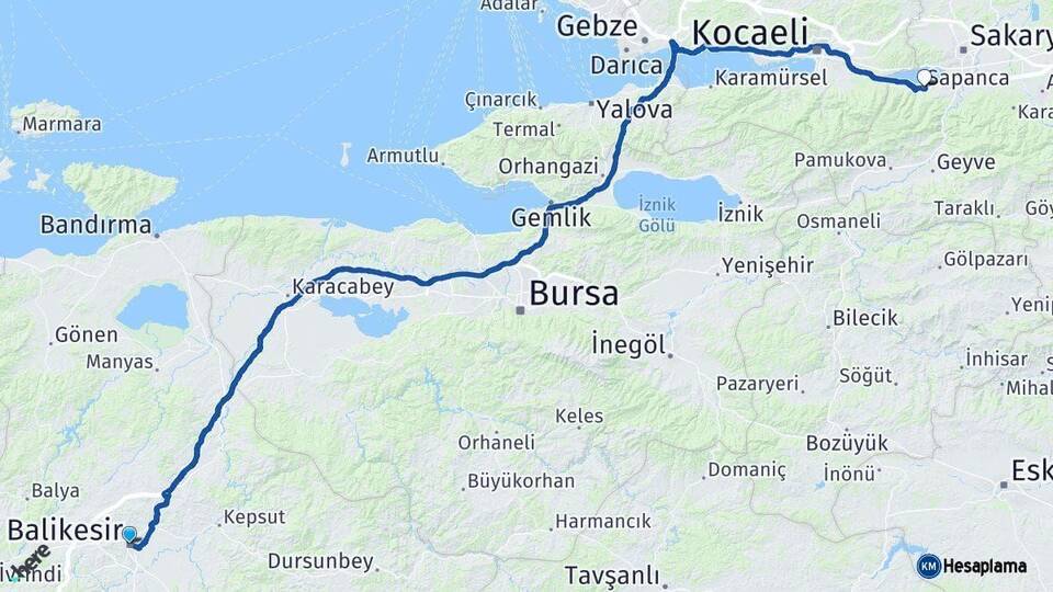 Balıkesir Sapanca Sakarya Arası Kaç Km - Yol Haritası